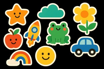 Colorful Stickers Featuring Smiley Faces and Playful Shapes  