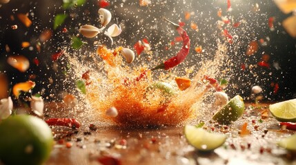 Chili and garlic being blended with lime juice in motion blur for action effect