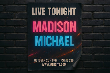 Vibrant Concert Poster for Madison Michael Live on October 25 with Neon Pink and Blue Text on Black Background Featuring Tickets and Website on Brick Wall Texture