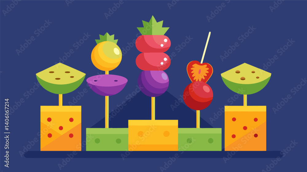 Poster a display of colorful fruit kabobs cheese cubes and whole grain crackers on skewers.. vector illustr
