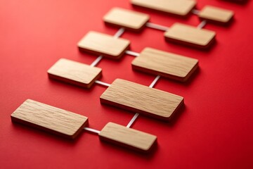 Wooden blocks connected by white lines forming a network on a vibrant red background design concept
