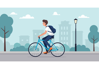 Fototapeta premium Urban Cycle: A person joyfully navigates a bustling cityscape on a sleek bicycle, promoting sustainable transport. Capturing a harmonious blend of modern living and green practices. Flat Vector