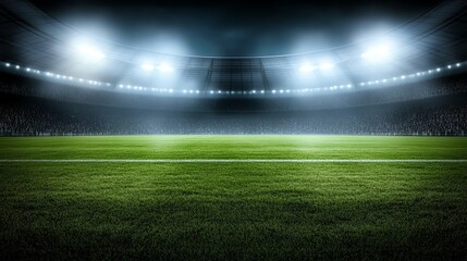 Night view of illuminated soccer stadium packed with fans, glowing field under bright floodlights