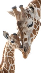 Adorable baby giraffe nuzzling its mother in a tender moment of affection, captured on clean white background symbolizing animal love and wildlife care

