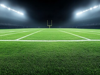 Obraz premium Nighttime football field with lights on, topdown stadium view with glowing turf