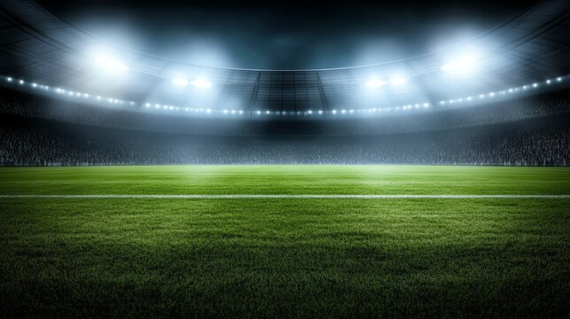 Night view of illuminated soccer stadium packed with fans, glowing field under bright floodlights