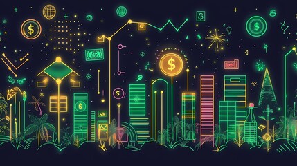 Obraz premium Modern line art illustration of success symbols and financial growth imagery, Be a Millionaire Day aspirational scene, continuous flowing linework, strategic color accents