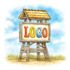Rustic Wooden Sign with Thatched Roof and Colorful Logo Under a Bright Blue Sky