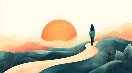 Contemporary flat illustration showing the journey from anxiety to healing represented through a winding path, Anxiety Awareness Month narrative visual