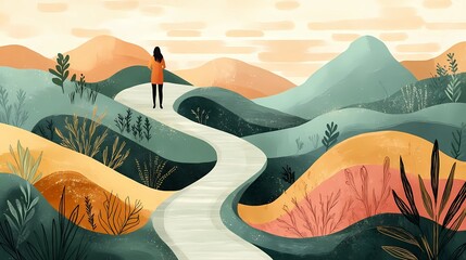 Contemporary flat illustration showing the journey from anxiety to healing represented through a winding path, Anxiety Awareness Month narrative visual