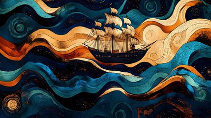 Eclectic bohemian line art showing the evolution of maritime vessels through history with decorative cosmic elements, National Maritime Day journey visual