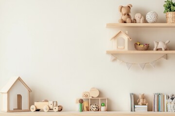 Bright and cozy wooden shelves display childrens toys and books in a pastel beige interior creating a minimalist learning space