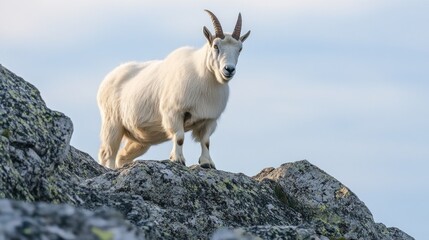 Obraz premium Mountain goat atop a rocky mountain peak.