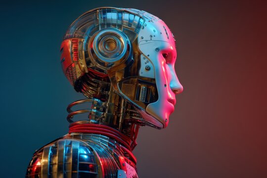 Portrait of a robot with glitch effect and futuristic theme with studio lighting and copy space on side