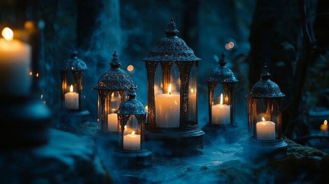 Decorative lanterns with lit candles in a dark and moody setting creating a mystical atmosphere