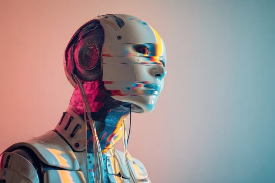 Portrait of a robot with glitch effect and futuristic theme with studio lighting and copy space on side