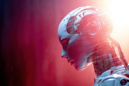 Portrait of a robot with glitch effect and futuristic theme with studio lighting and copy space on side