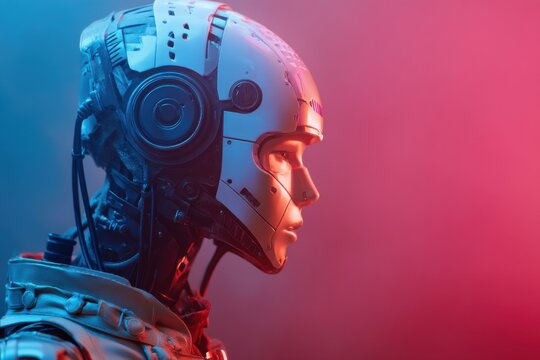Portrait of a robot with glitch effect and futuristic theme with studio lighting and copy space on side