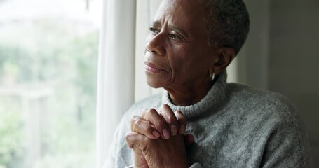 Window, thinking and elderly woman with retirement, sad or mental health with depression, anxiety or alzheimer. Senior person, home or pensioner with regret, feeling lonely or remember with nostalgia