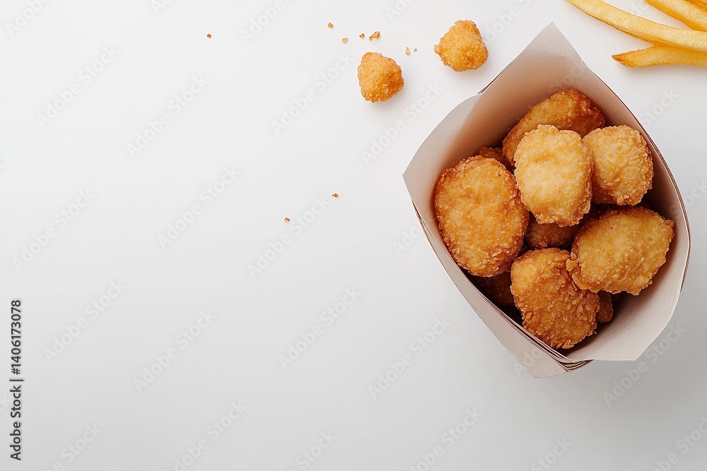 Poster a top view of chicken nuggets in a paper container with fries on a white surface in a studio shot