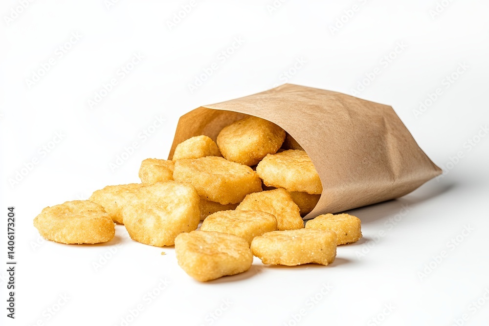 Poster chicken nuggets spilling out of a brown paper bag on a white surface in a studio setting view from a