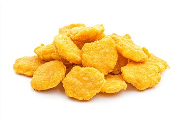 Isolated pile of golden brown chicken nuggets on a white background close up shot in studio light