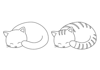 丸くなって眠る猫のイラストのセット_線画
