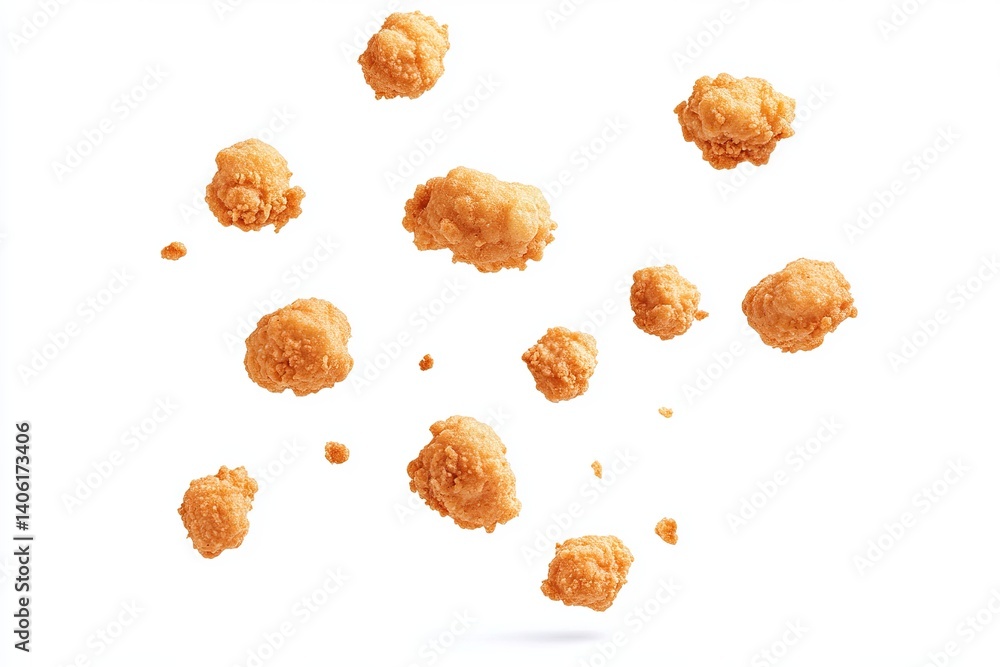 Poster floating pieces of fried chicken against a plain white background in a studio setting