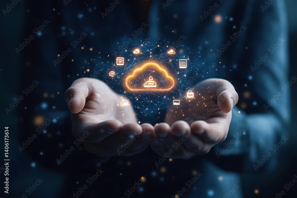 Poster hands holding cloud computing network icon