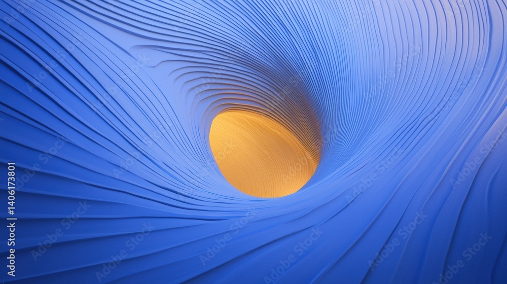 Poster abstract blue wave with a golden center, creating depth and movement.