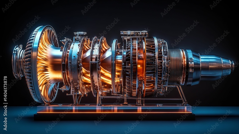 Poster a detailed image of a complex jet engine showcasing intricate components.