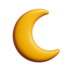 Glossy 3D yellow crescent moon with a smooth, rounded form, isolated on a transparent background. A stylized night symbol ideal for decorative or digital use.