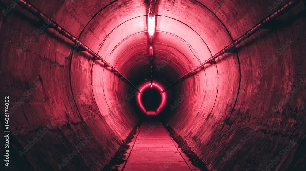 Poster mysterious red-lit tunnel with circular end and textured walls.