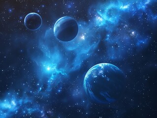 Obraz premium A background of dark blue space with several planets floating in the distance, with high resolution