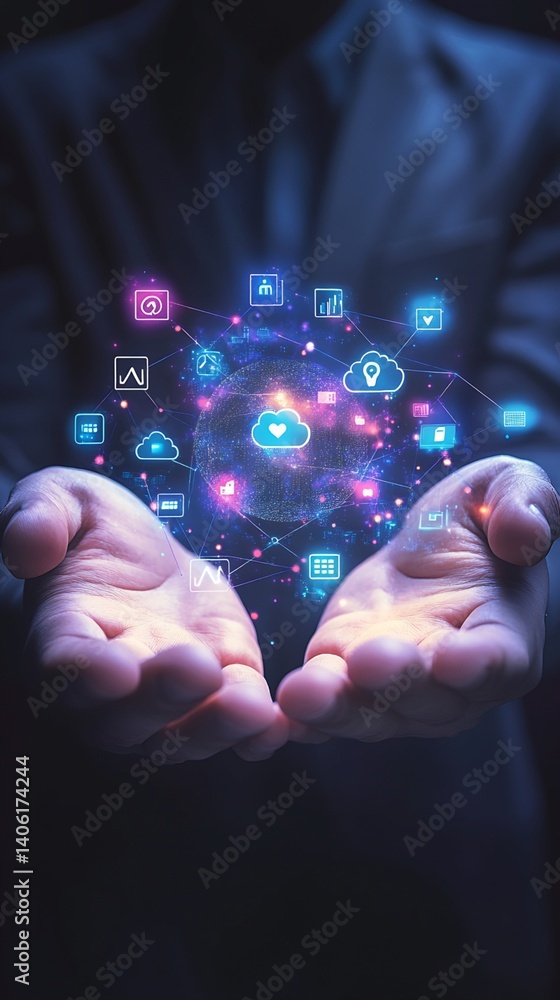 Poster human hands presenting networked cloud computing data sphere