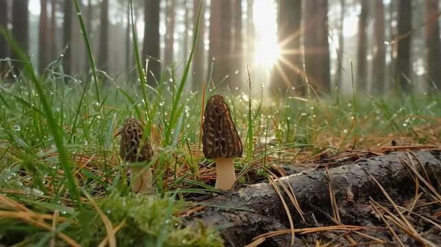 Two morel mushrooms stand near a log in a forest clearing with soft morning light shining through the trees.