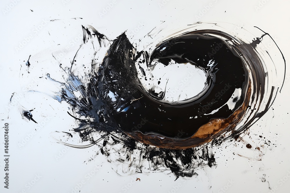 Poster abstract representation of a donut with black glaze and splatters on a white background art piece