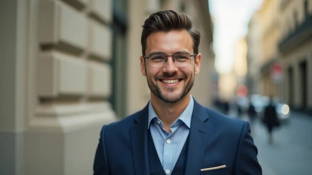 Smiling Businessman in City Street, Stylish Suit & Glasses Portrait