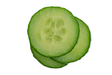 Three slices of fresh cucumber. Vegetable, cucumber isolate on white.
