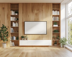 Modern Living Room Interior with Wood Paneling, Built-in Shelving, and Blank Television Screen