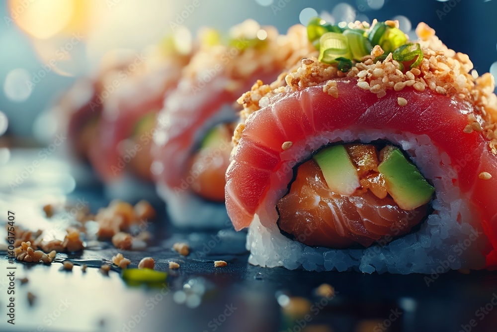 Poster close up of sushi rolls with salmon avocado and toppings arranged in a row on a dark surface