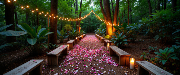 Romantic jungle wedding path with flower petals and lights, enchanting vibe