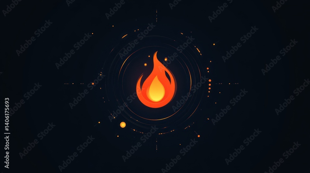 Poster fiery flame icon with radiant circles and sparkling particles for design projects
