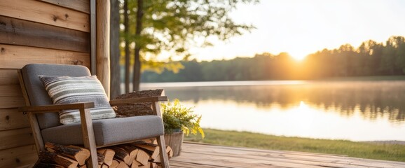 Chair on porch overlooking lake scene firewood stacked below