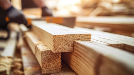 Carpenter measuring and cutting wooden planks. Featuring woodworking and precise measurement