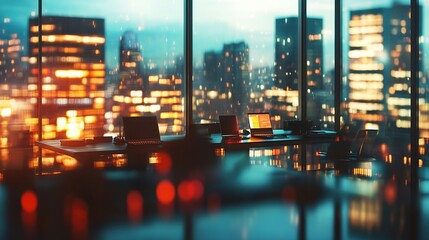 Fototapeta premium Night Cityscape Office with Laptops