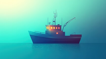 Fototapeta premium Fishing Boat on Calm Waters A Serene Maritime Scene with Soft Lighting and Detailed Features