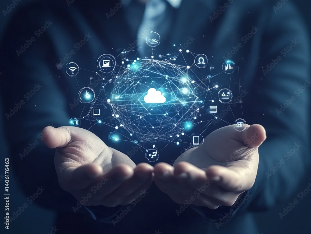 Poster person displaying interconnected digital network sphere with cloud icon