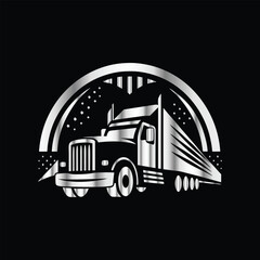 Truck Logo Icon Vector Template. Truck Logistic, Delivery, Freight Service Logo. Truck with American flag on black background. Vector illustration.