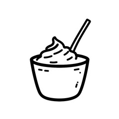 Whipped cream in bowl icon in black and white line style